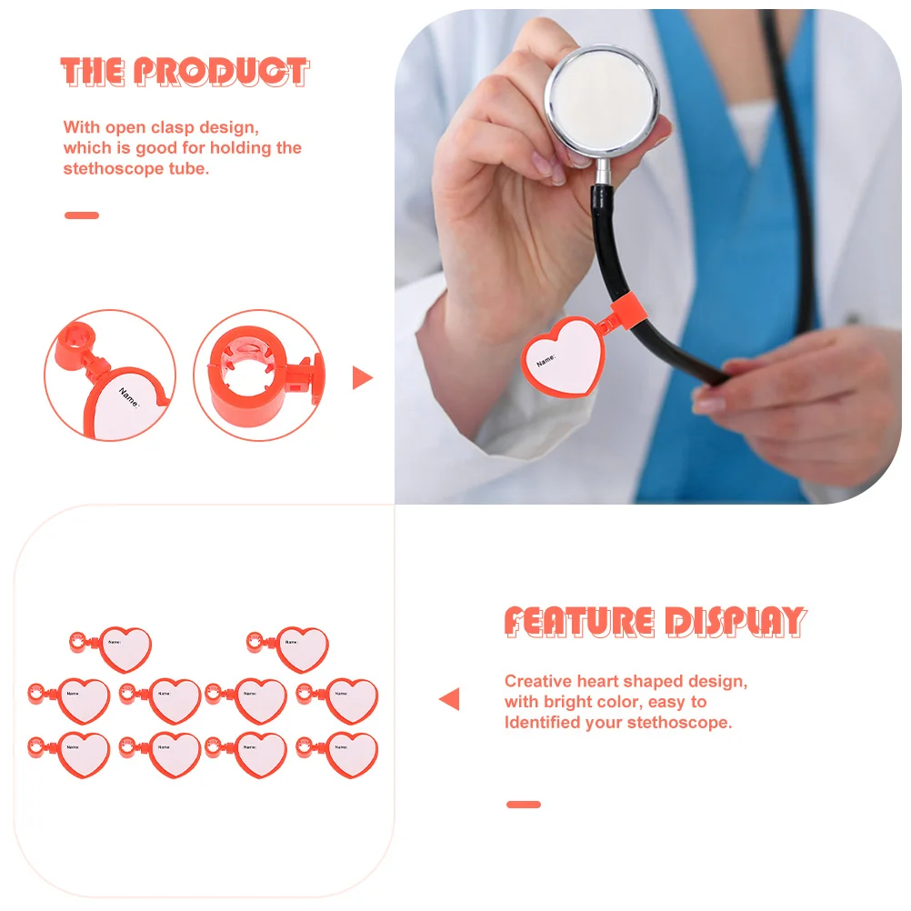 10Pcs Heart Shaped Stethoscope Name Tags Durable Plastic Two Sided Id Marking Clips for Tube Identification Name Tags