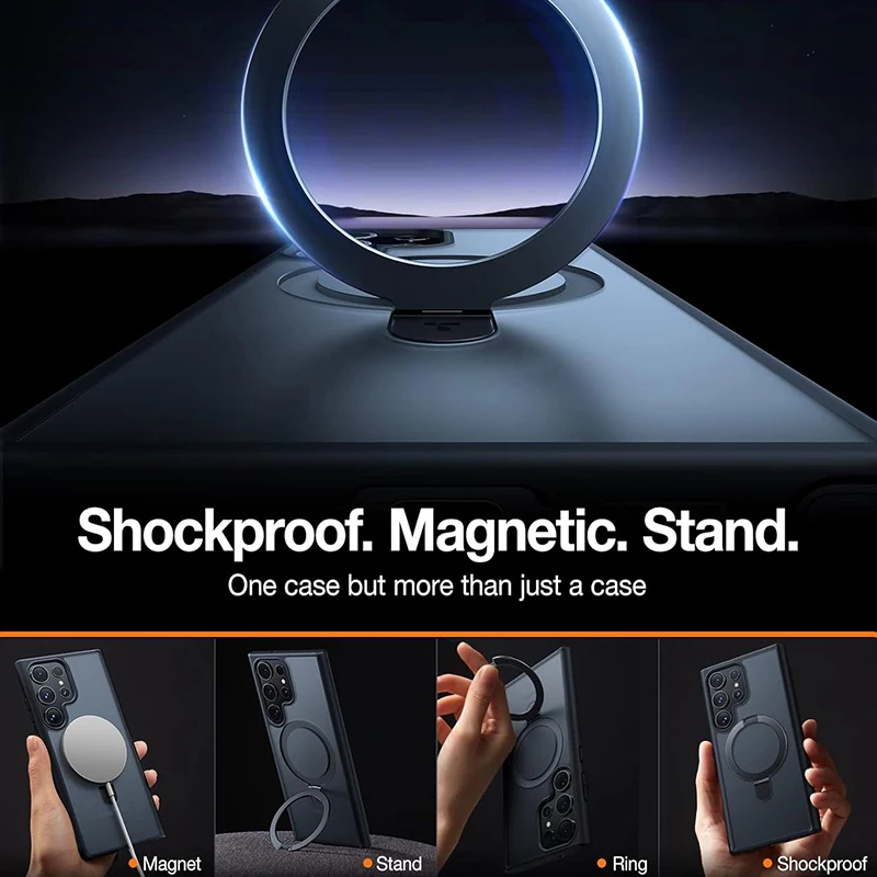 حافظة هاتف محمول بحامل مغناطيسي لهاتف سامسونج جالاكسي S25 S24 Ultra Plus S23 S22 مع غطاء خلفي شفاف بمسند حلقي #4