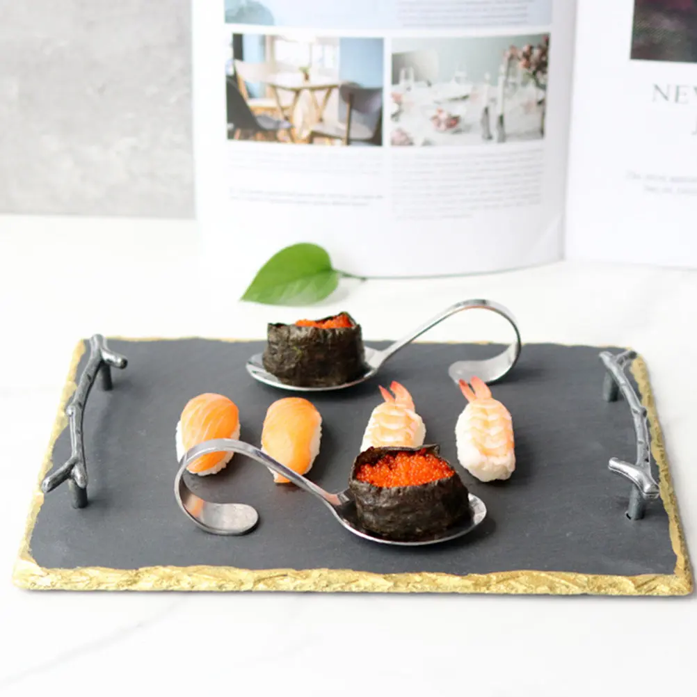 

1Pcs Stone Slab Serving Tray Modern Rectangular Pottery Food Plate Smooth Easy Clean Branch Handle Design for Cake Fruit Sushi