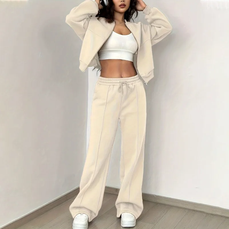 Ensemble de survêtement décontracté pour femmes, 2 pièces, sweat-shirt ouvert sur le devant, ample, jambes larges, pantalon de survêtement, tenue de sport deux pièces