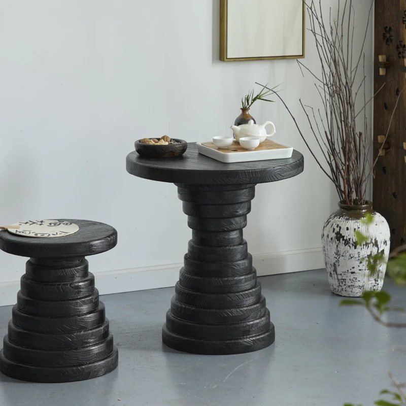 

Black Round End Table Wabi-Sabi Nightstand for Living Room & Bedroom Minimalist Solid Wood Side Tables Modern Sofa Accent Desk
