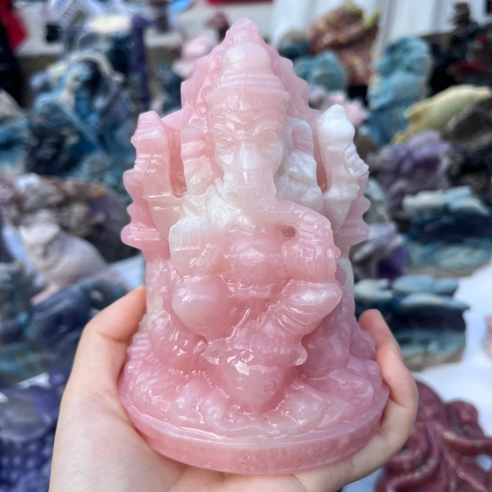 1PCS Natural Quartz pink opal Ganesha Carving Polished Reiki Healing Energy Stone for Feng Shui Room Decor & Gift