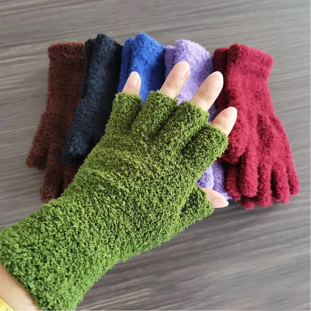 

Warm Plush Winter Gloves For Women Half Finger Coral Fleece Gloves Long Wrist Knitted Fingerless Gloves Men Cycling Mittens