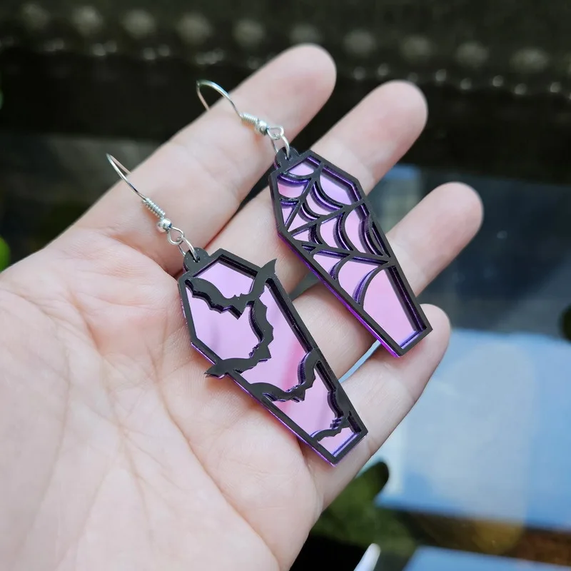 Acrylic Spider Web Coffin Earrings Creative Retro Red Purple Glass Plate Hollow Bat Earrings For Women