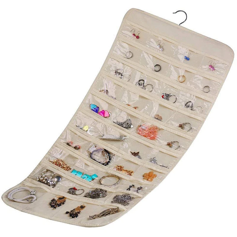 80 Grids Double-Sided Jewelry Hanging Storage Bag Business Membership Card Organizer Sundries Necklace Earrings Storage Pocket