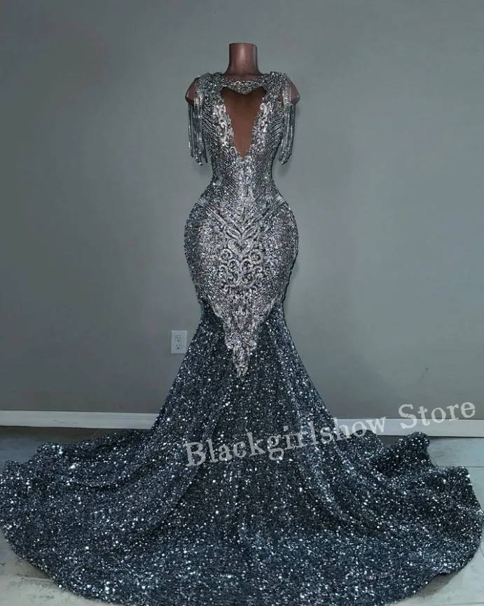 

Glittering Silver Grey Mermaid Prom Dress For Women Luxury Encrusted Sequin Tassel Beaded Party Formal Occasion Dresses Custom