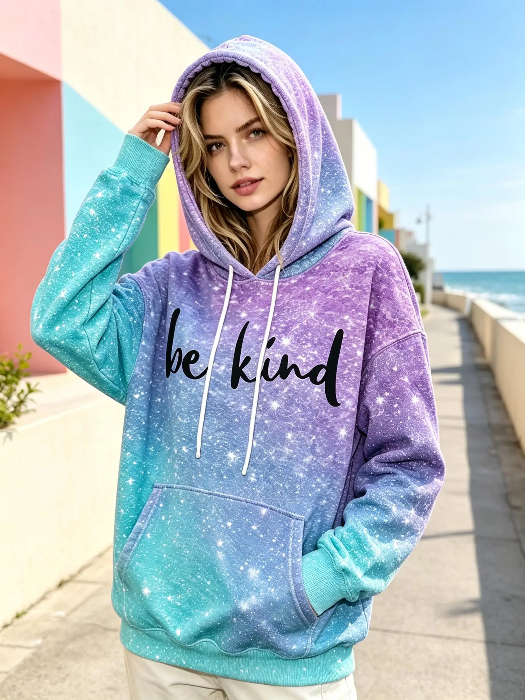 Women Fleece Hoodie Gradient Galaxy Sparkle Print With Inspirational Lettering Casual Hooded Sweatshirt