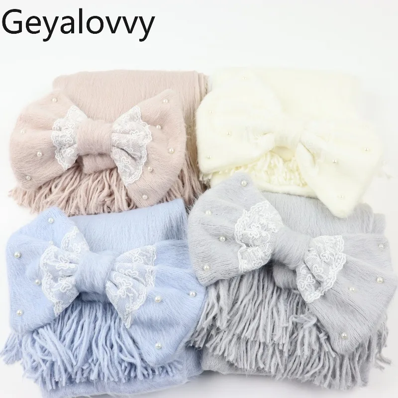 

Кружевной универсальный шарф с бантом в японском стиле, зимние теплые однотонные милые милые шарфы для девочек, утолщенные теплые шарфы в стиле Лолиты
