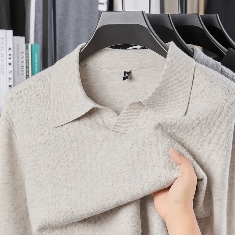 High quality fashion knitted long sleeve T-shirt men's autumn personalized jacquard polo shirt casual new warm V-neck sweater