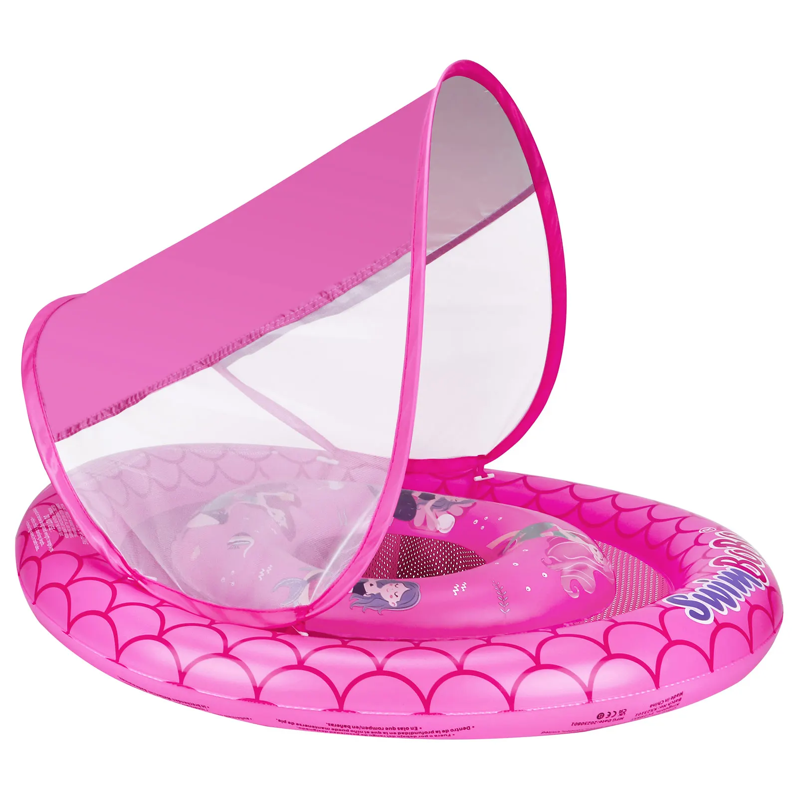 Bouée gonflable jaune et rose Swimbobo en PVC de qualité pour bébé, avec siège flottant et auvent pour enfants, idéale pour l'été.