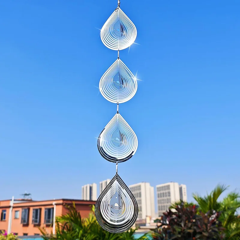 3D Wind Spinner Chime Drop Shape Stainless Steel Rotating WindChime For Both Outdoor Garden And Indoor