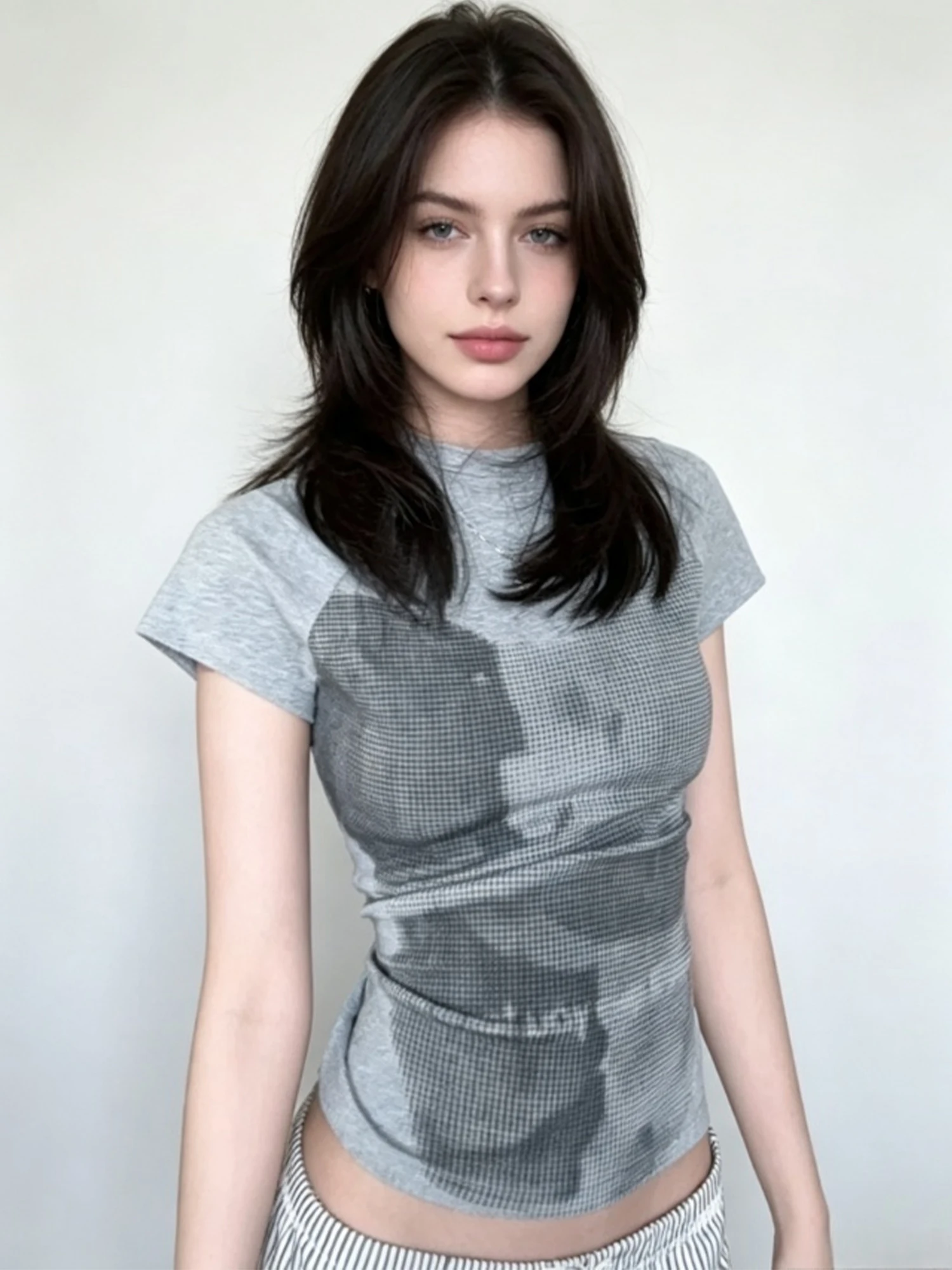 Women's Grey Print T-shirt Short Sleeve O-Neck T-shirt Aesthetic Y2K Gyaru Tee Top American Retro Cropped Top for Women Summer