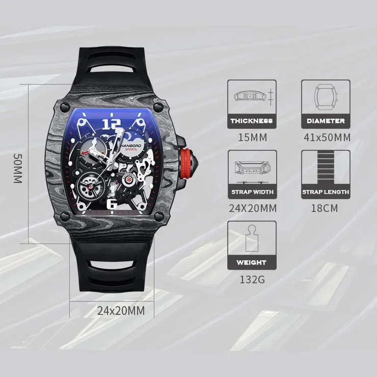 HANBORO Men Automatic Watch Luxury Tonneau Watches Mechanical Wristwatch Waterproof Luminous Skeleton Carbon Fibre Bezel 6T15