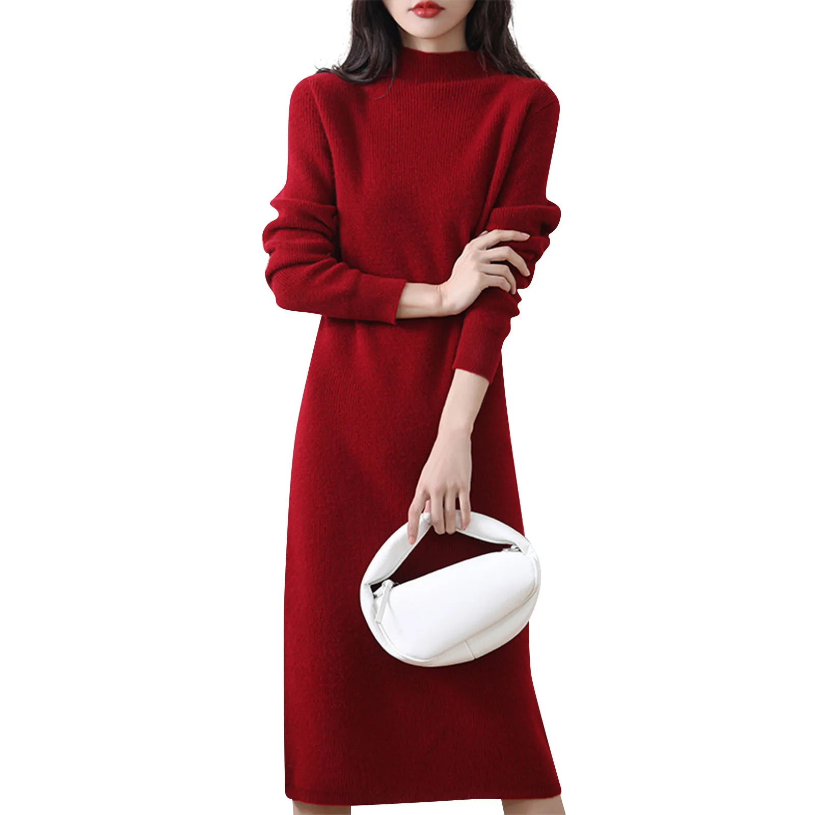 High Collar Knitted Dress Women'S Bodycon Dresses Asymmetric Knot Maxi Long Sleeve Slim Fit Round Neck Solid Autumn Dresses Woma