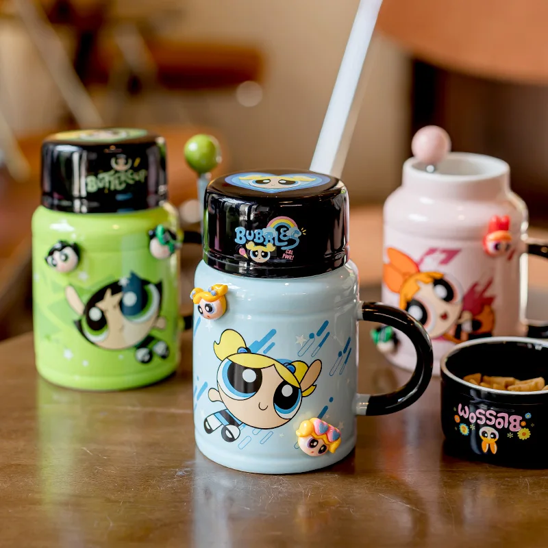 

The Powerpuff Girls Anime Peripheral Cute Cartoon Girl Large Capacity Ceramic With Cover Office Home Water Cup Cute Doll Mug Gif