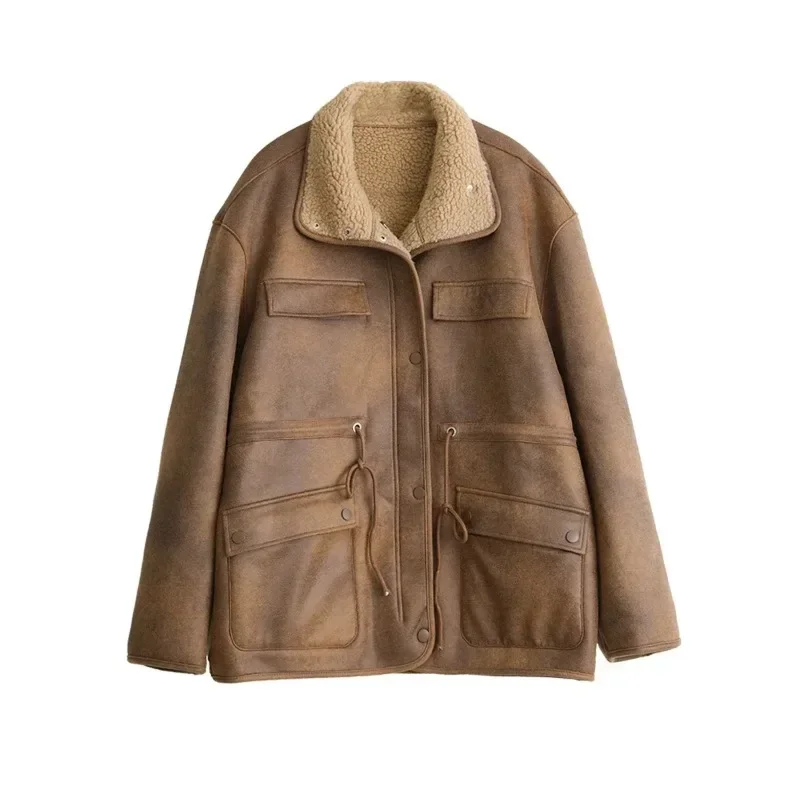 

Deerskin imitation Women's Jackets Thick Warm Solid Suede Reversible Jacket Motorcycle Outer Coat Loose Female Overcoat Winter