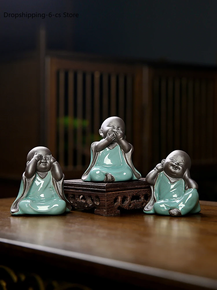 

Cute ceramic three no small monk can raise tea pet tea set accessories zen purple sand character small novice tea table ornament