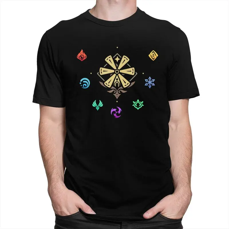 Custom Genshin Impact Elements T Shirt for Men Tshirt Tee Short Sleeve Anime Game T-shirts Slim Fit Clothing