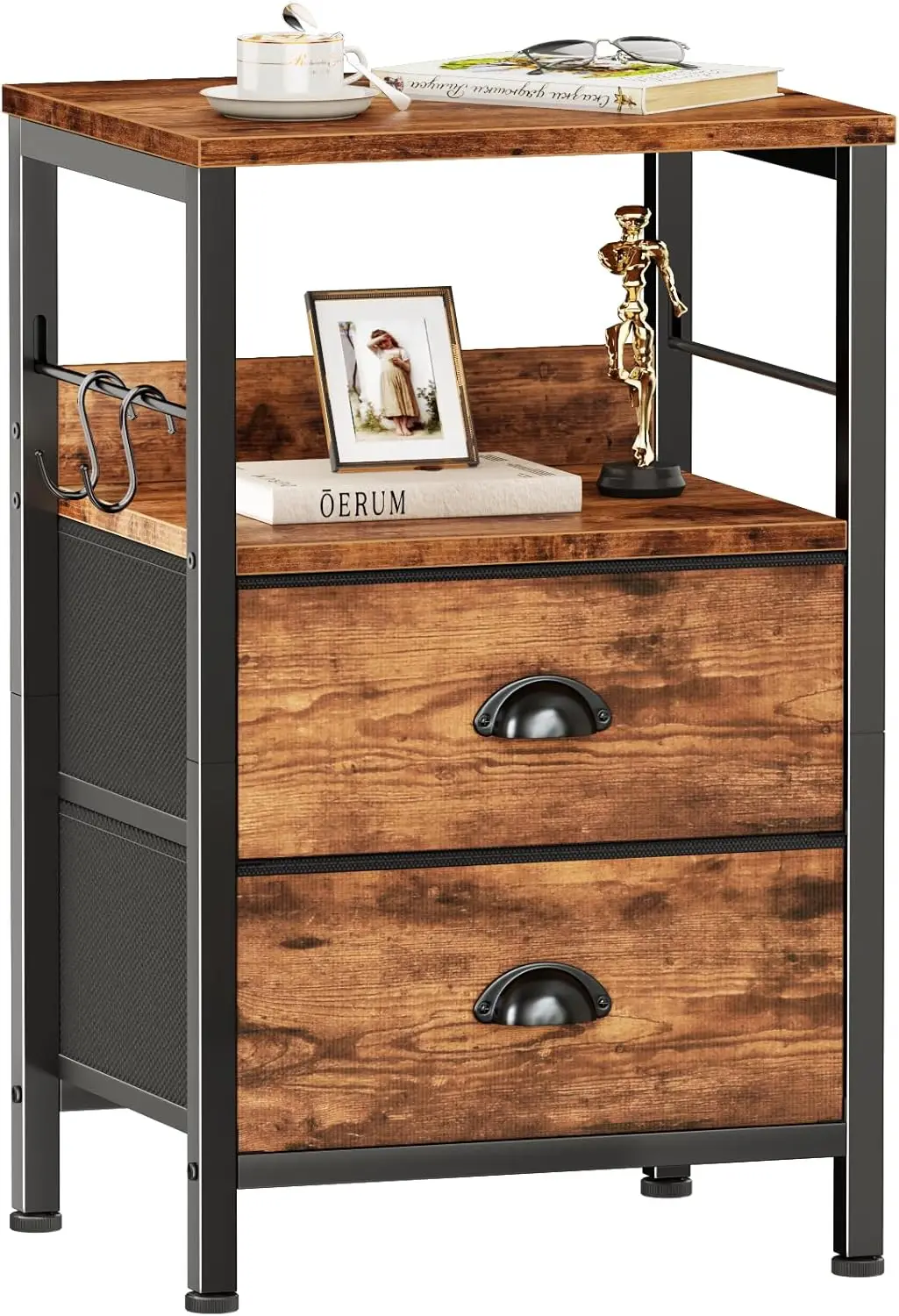 

Тумбочка с 2 тканевыми ящиками, прикроватная тумбочка с 2-уровневой полкой, прикроватная тумбочка с крючками, открытая деревянная полка, торцевой столик f