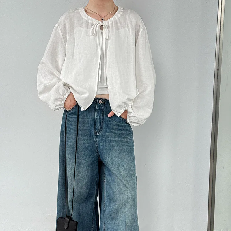 

Summer new casual casual o-neck linen bandage long sleeve shirt women's