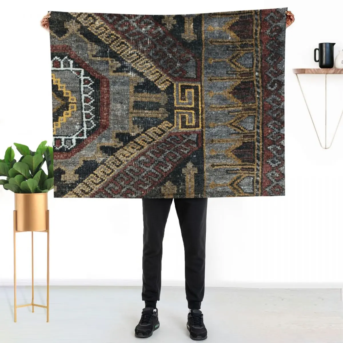 

Distressed Persian Baluch Carpet Design, knotted woven oriental textile Throw Blanket