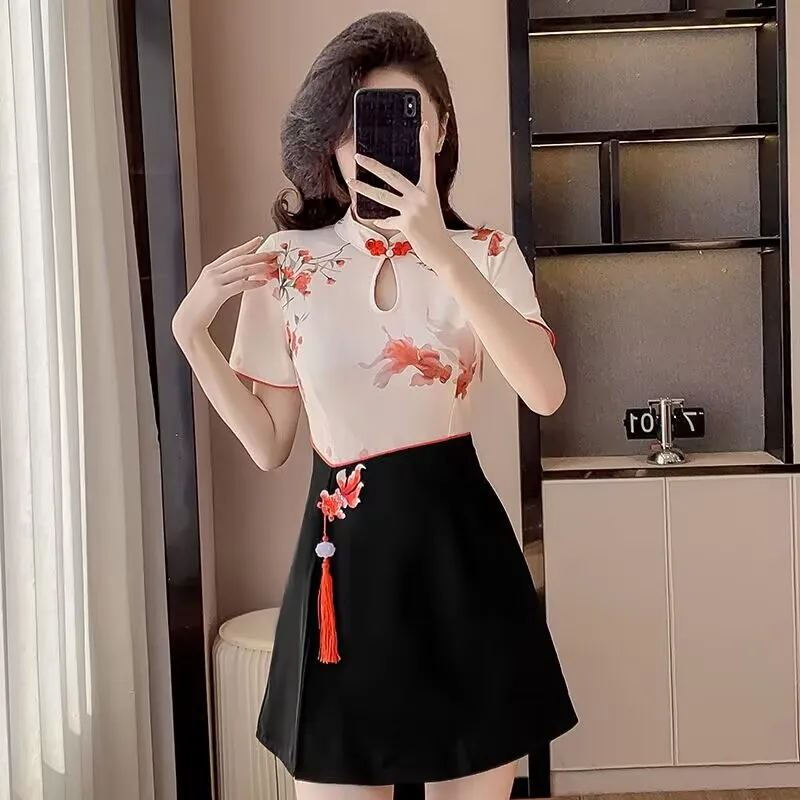 

2025 Women Chinese Style National Fashion Set Qipao Style Dress and Shorts Set New Traditional Elegant Women's Clothing