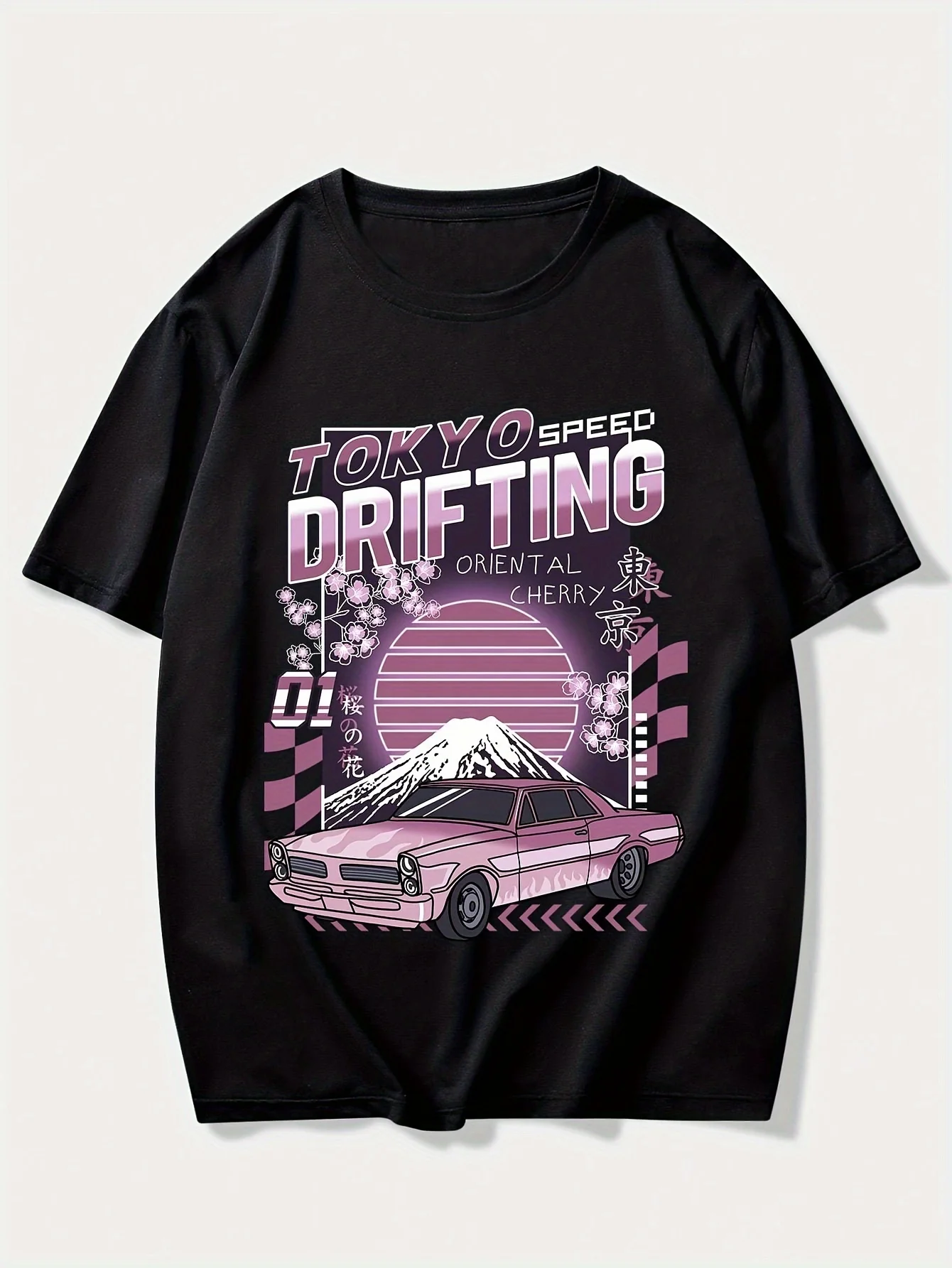 

Мужская черная повседневная футболка с коротким рукавом и рисунком Tokyo Speed Drifting Graphic Mount Fuji & Racing Car - дышащая летняя футболка