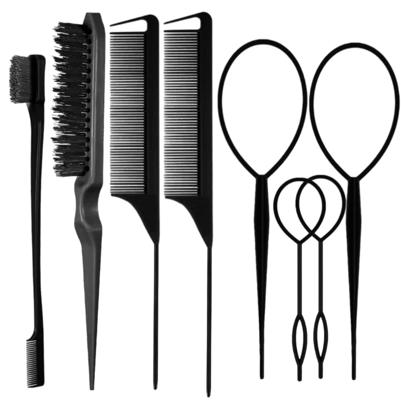 8Pcs Hair Brushes Set with 4Pcs Topsy Hair Tail Tools 1Pcs Bristle Hair Brush Edge Control Brush 2Pcs Metal Pin Combs