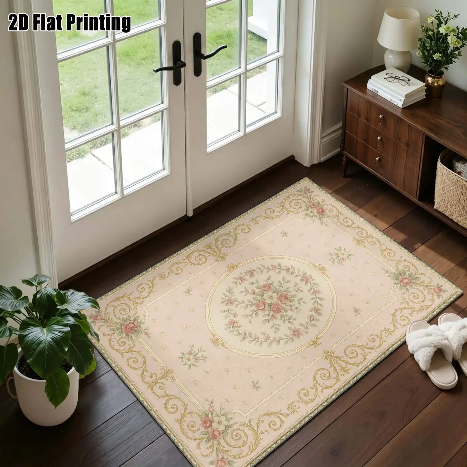 1Pc 2D Printed Pink Flower Pattern European-Style Retro Carpet: Home Decor, Multi-Size, Machine Washable, Ideal for Entryway, Dining Room, Foyer, Bedroom and Living Room