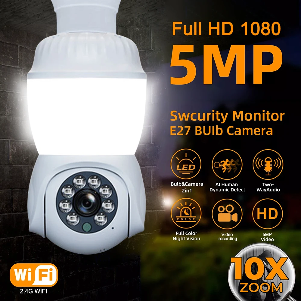 5MP E27 Bulb Camera Wifi Surveillance With LED Bulb Two-way Audio Infrared Night Vision 10X Zoom Human Detection Wireless Cam