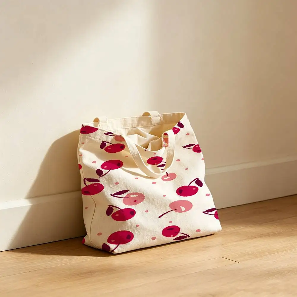 Cherry Pattern Waterproof Lining Canvas Tote Bag Large Capacity Reusable Shopping Bags Shoulder Bag Casual Student Daily Handbag
