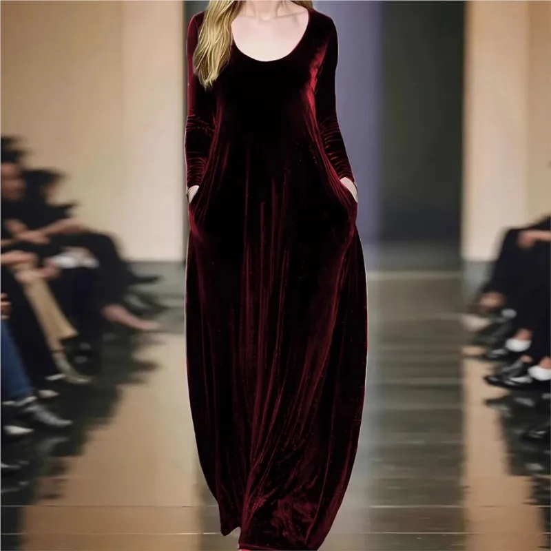 エレガントなベルベットのプロムパーティードレス 女性用 ヴィンテージ マキシドレス 秋冬新作 ゴールドベルベット Oネック 長袖