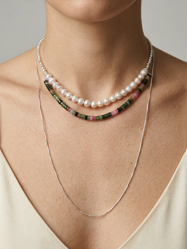 Handmade Ebony Pearl Necklace Tourmaline Color Gemstone Bar Silver Chain Boho Beach Necklace For Women