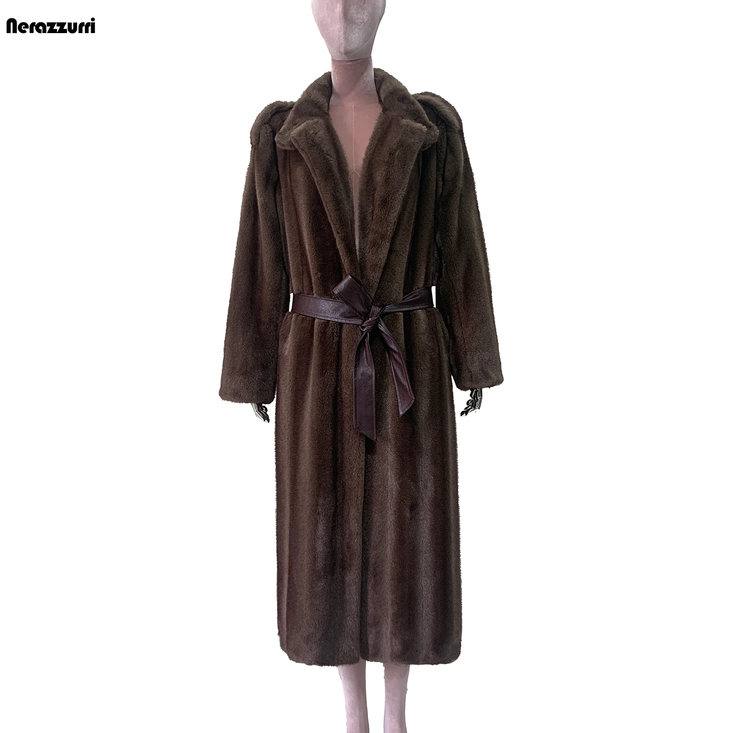 Nerazzurri Winter Long Brown  Fur Coat Loose Tied Women's Eco-friendly Vintage Style Polyester Fiber Outerwear Coat