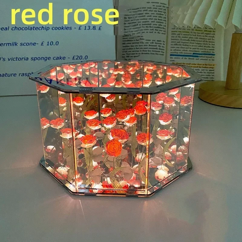 DIY Tulip Mirror Cube Lamp Simulation Flower Bedroom Sleeping Table Lamp Handmade Craft Rose Mirror Night Light Birthday Gifts