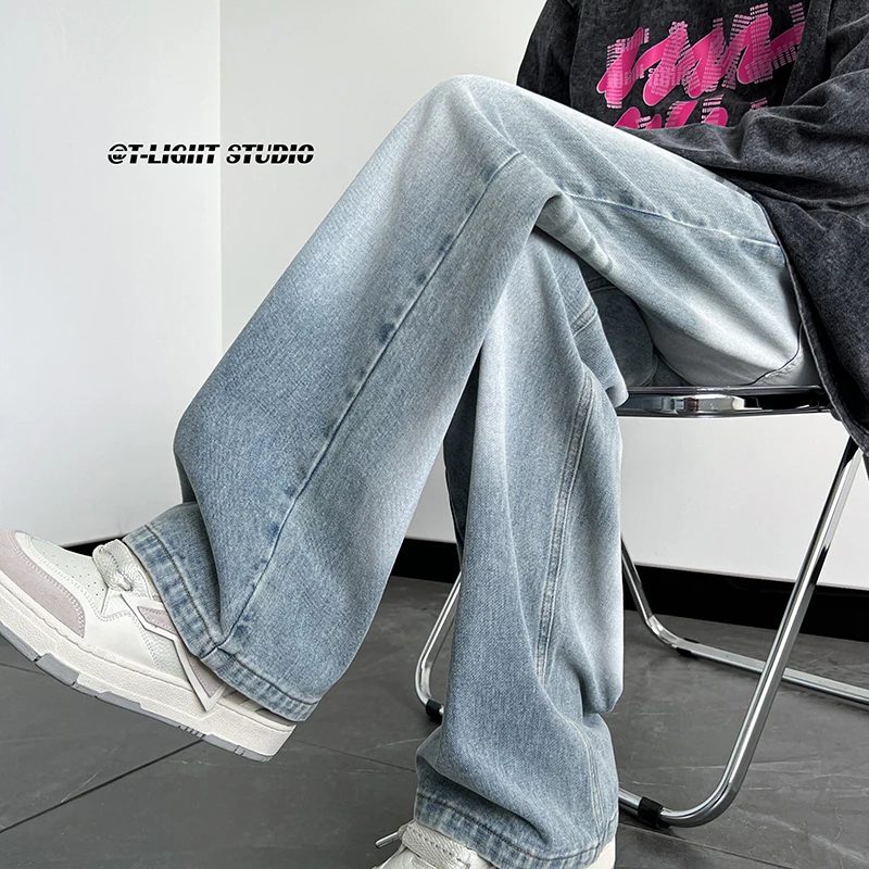 

Men's Straight Leg Jeans High Street Sle Faded Waed Spring Autumn Loose Wide Leg Long Trousers American Retro Jeans