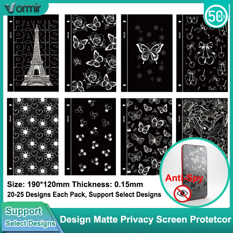 VORMIR 50pcs Design Matte Privacy Film With Drawings for Phones Hydrogel Movies Curved Screen Protector for Cutting Machine