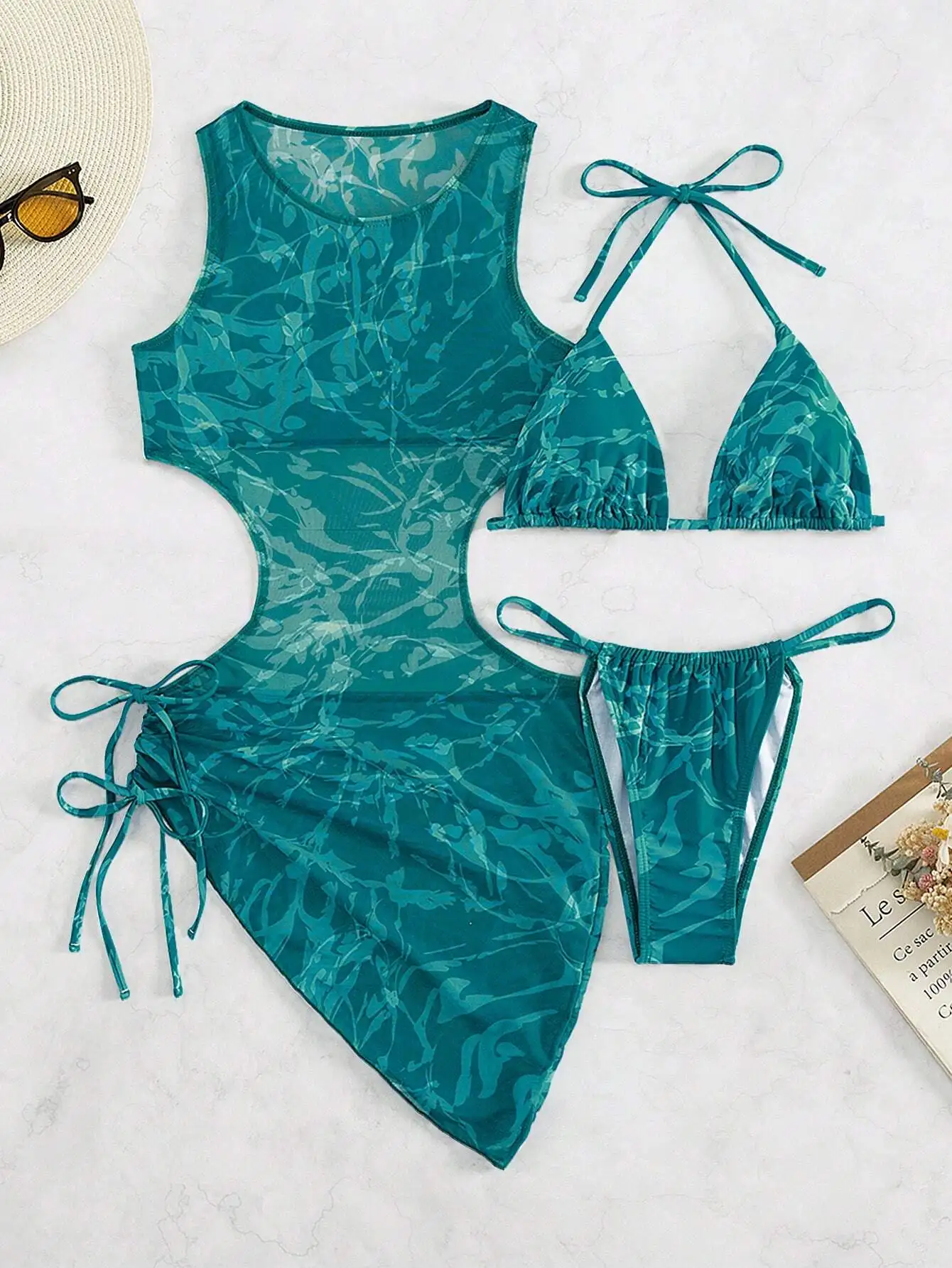 

Women's Sexy Tie-Dye Halter Neck Bikini Set With Sheer Cover-Up Dress