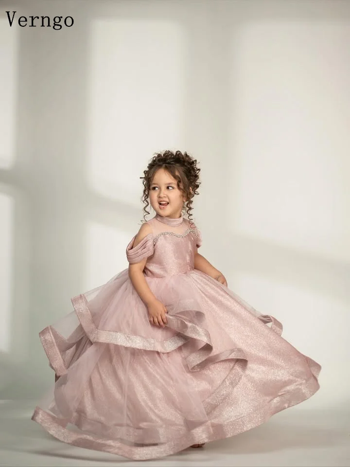 Verngo 핑크 샤이니 소녀 생일 파티 드레스 오프 숄더 라인 공주 꽃 드레스 연예인 키즈 파티 가운 맞춤형