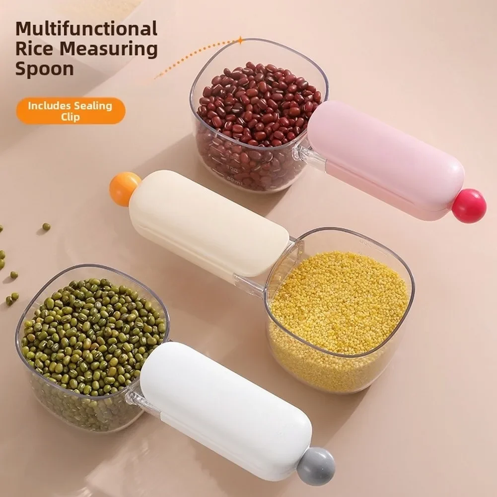 Measuring Scoop With Built In Fastener For Bag Closure Suitable For Rice Flour Grains And Other Dry Goods In Kitchen