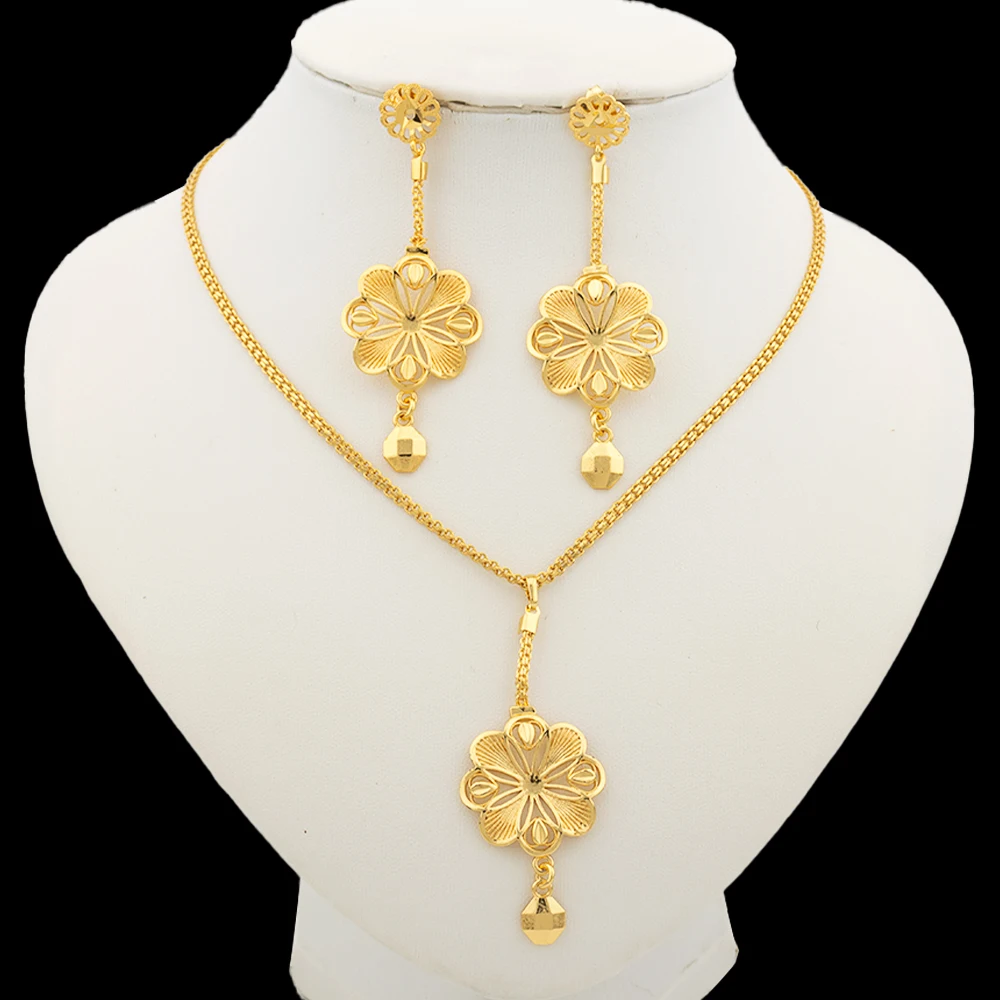 Dubai Gold Color Necklace Jewelry Set for Women Dangle Earrings and Necklace Bridal Weddings Earrings Engagement  Jewellery Gift