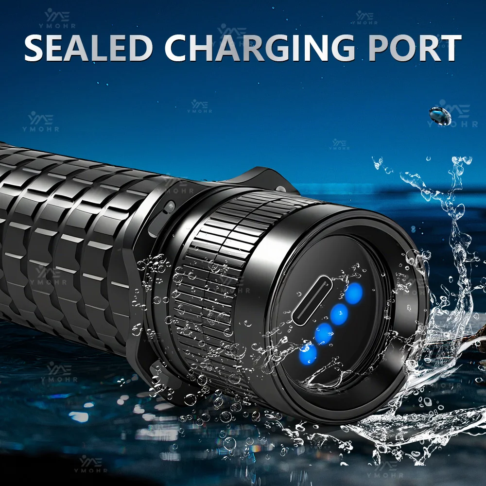 مصباح تحت الماء مستوى التأمين من الماء IPX8 مصباح يدوي تحت الماء قابلة للشحن مقاومة الانزلا2025 جديد الغوص مصباح يدوي IPX8 مقاوم للماء قابلة للشحن تحت الماء الغوص الشعلة 600000LMWhite الضوء الأصفر Freediving مصباح يدوي