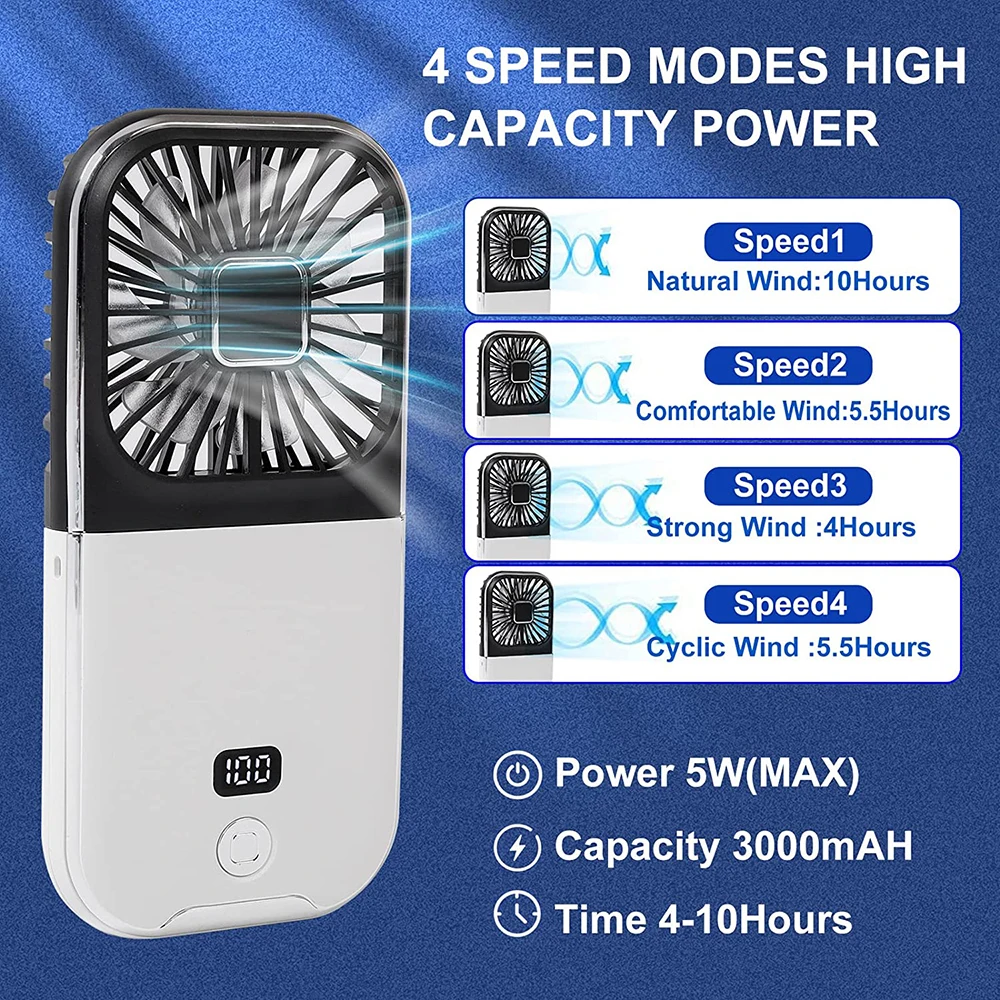 Portable Digital Display Personal Handheld Fan Foldable Mini USB Rechargeable Necklace Fans 3000mAh Power Bank For Office Outdoo