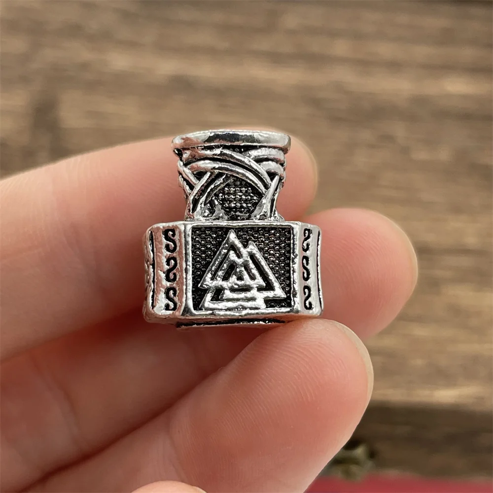 Nostalgia 1pcs Viking Hair Beads For Braids Valknut Symbol Mjolnir Thor Hammer Bead For Jewlery Making