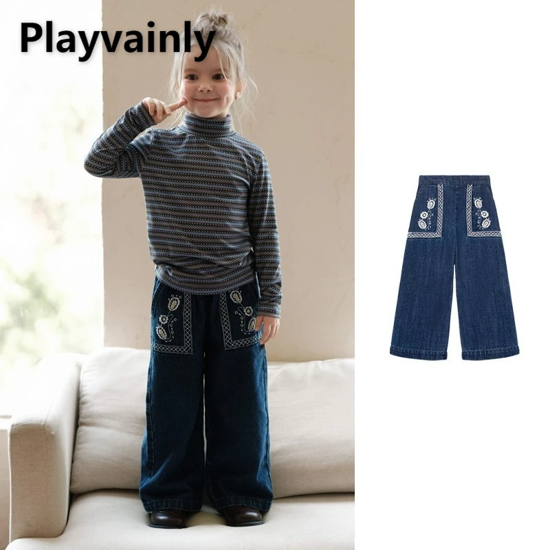 

Новинка 202, весенне-осенние детские джинсы с широкими штанинами и вышивкой в стиле ретро, модные универсальные прямые джинсовые брюки для девочек W5183