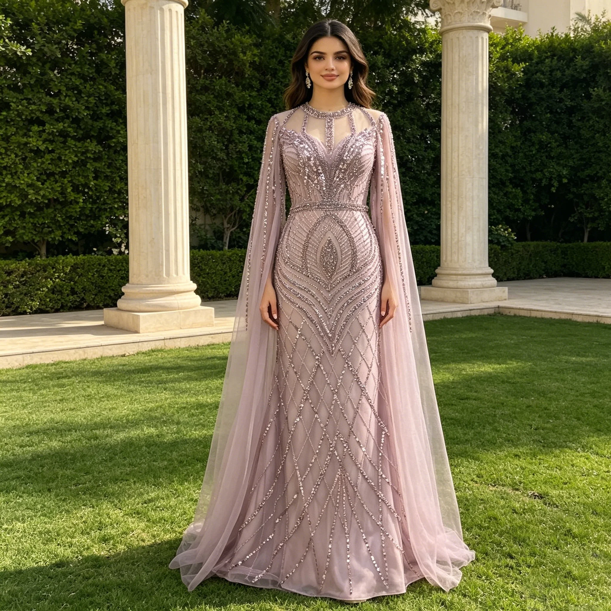 Eshaut&bridal Luxuriöses Dubai Perlenbesetztes Abendkleid mit Cape-Ärmeln Meerjungfrau-Stil Formelles Partykleid für Damen Hochzeitsgäste Maßanfertigung 2026