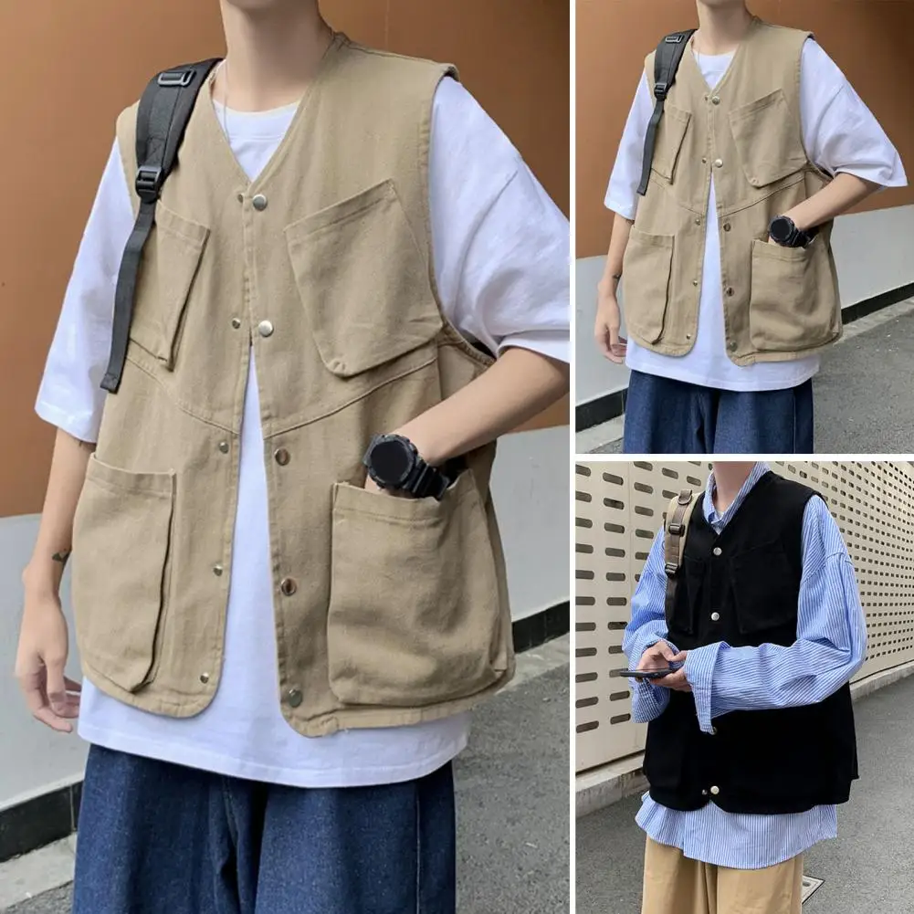 

Men Cargo Waistcoat Men's Cargo Waistcoat Outdoor Sports Vest with Multi Pockets Design for Street Wear Solid Color Utility Vest