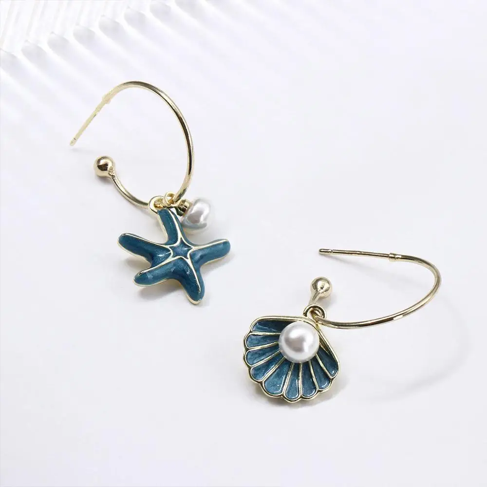 C-shape Alloy Pearl Earrings Blue Starfish Dangle Earrings Vintage Elegant Ear Accessories Daily Wear