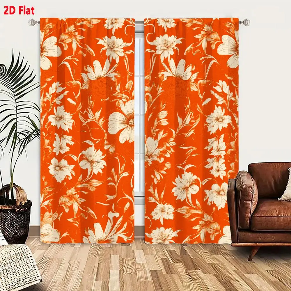 2Pcs Curtains 2D Flat Seamless Floral Pattern With Warm Vibrant Orange Background And Delicate Cream Flowers Window Drapes for B