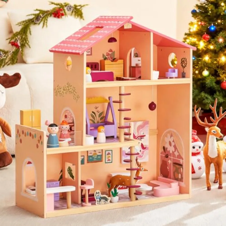 

Wooden Doll House with 53Pcs Furniture Doll House, 6 Rooms Toddler Dollhouse Includes Spiral Wooden Staircase and Balcony, Mode